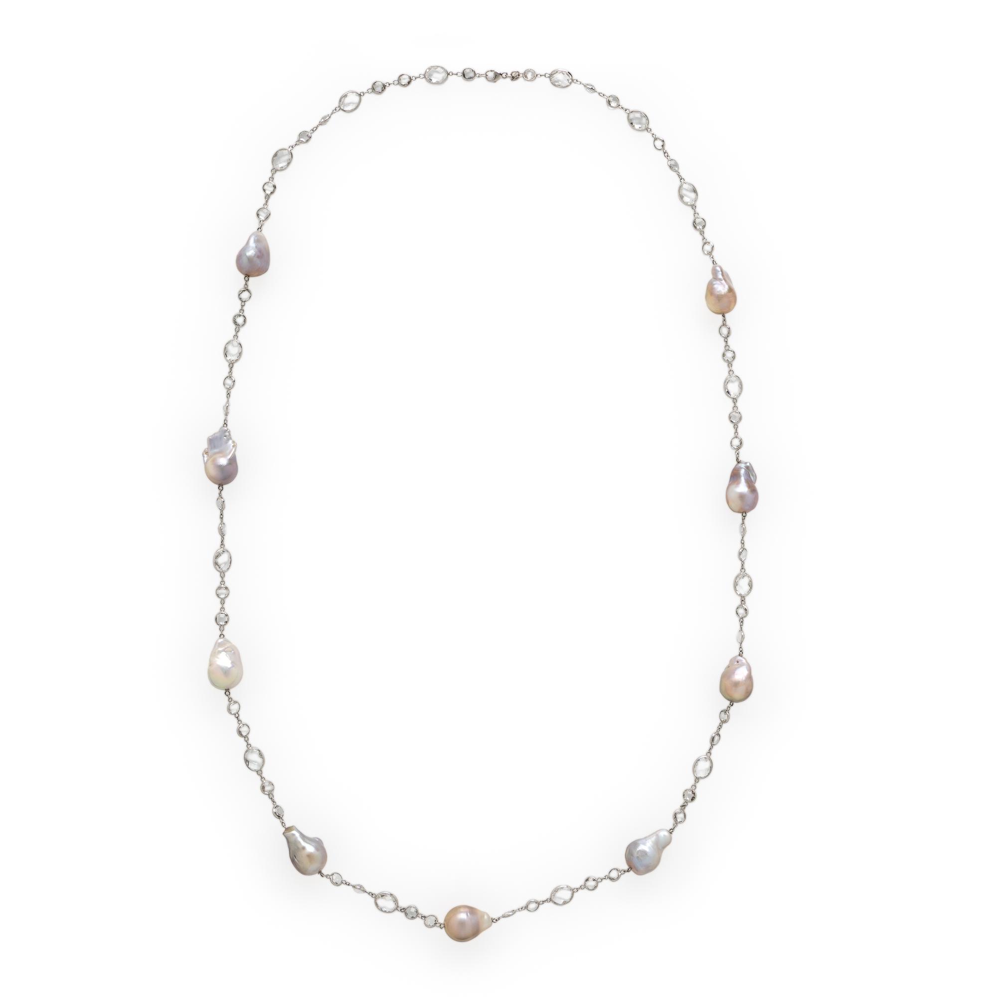 Baroque Cultured Pearl, White Topaz, and White Gold Station Necklace