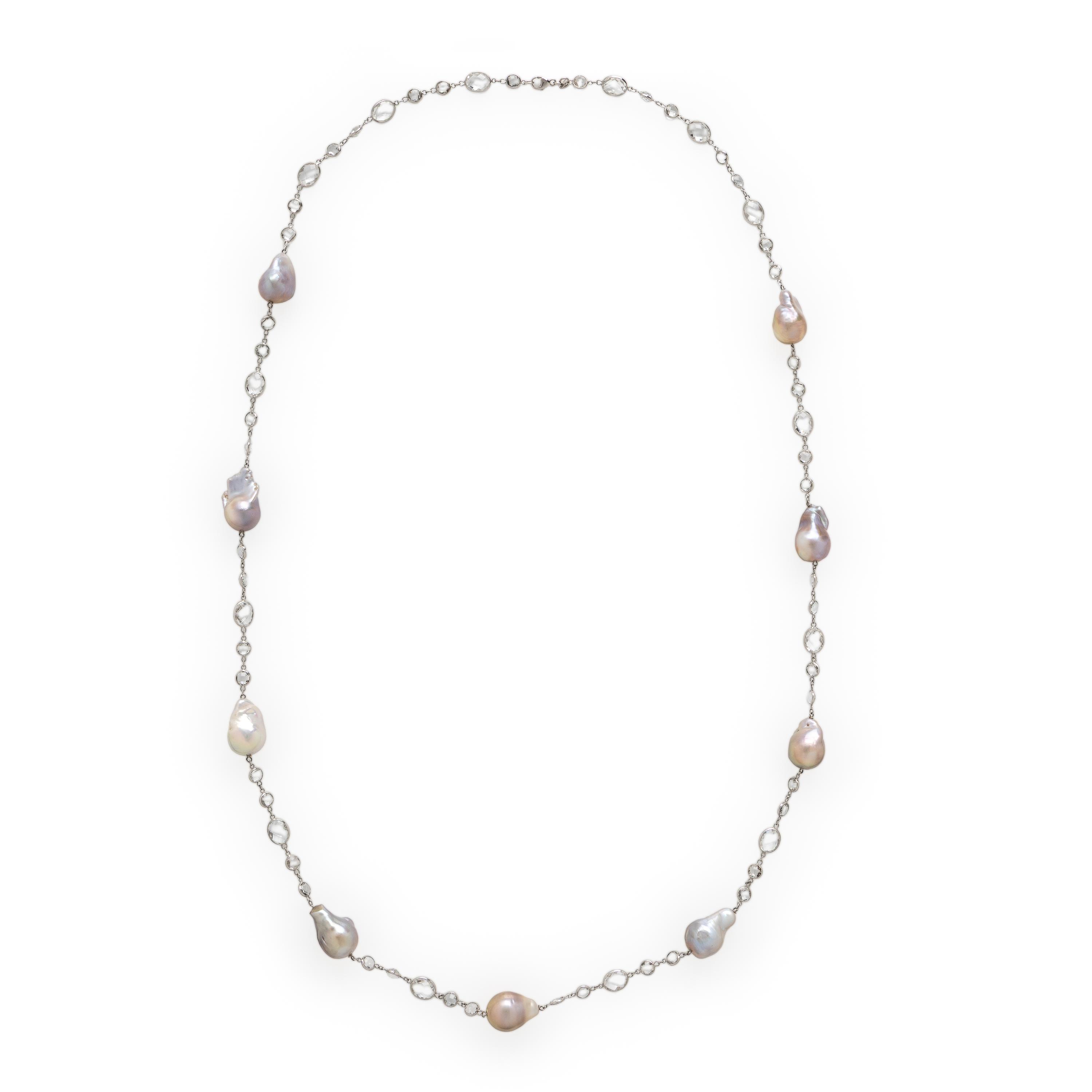Baroque Cultured Pearl, White Topaz, and White Gold Station Necklace