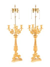 A Pair of Louis Philippe Style Gilt Bronze Candelabra Mounted as Lamps