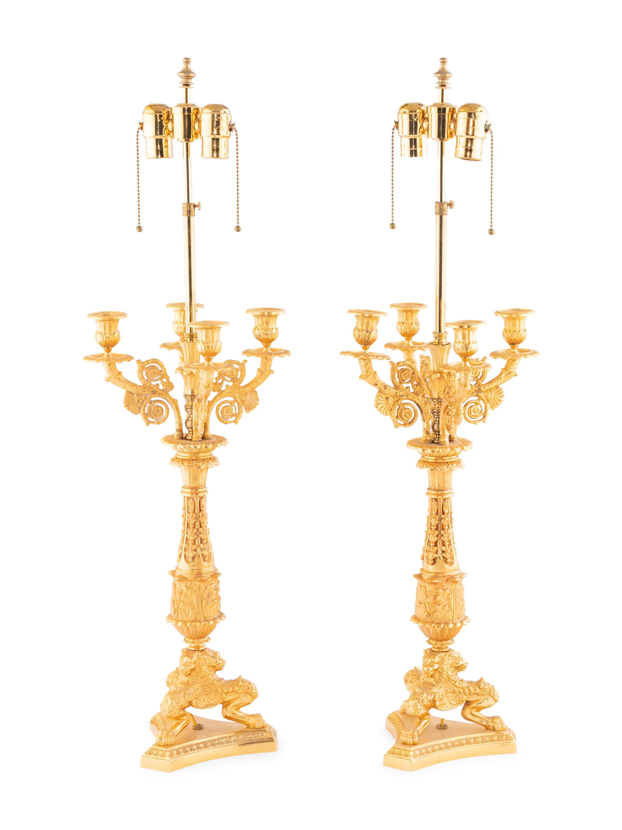 A Pair of Louis Philippe Style Gilt Bronze Candelabra Mounted as Lamps