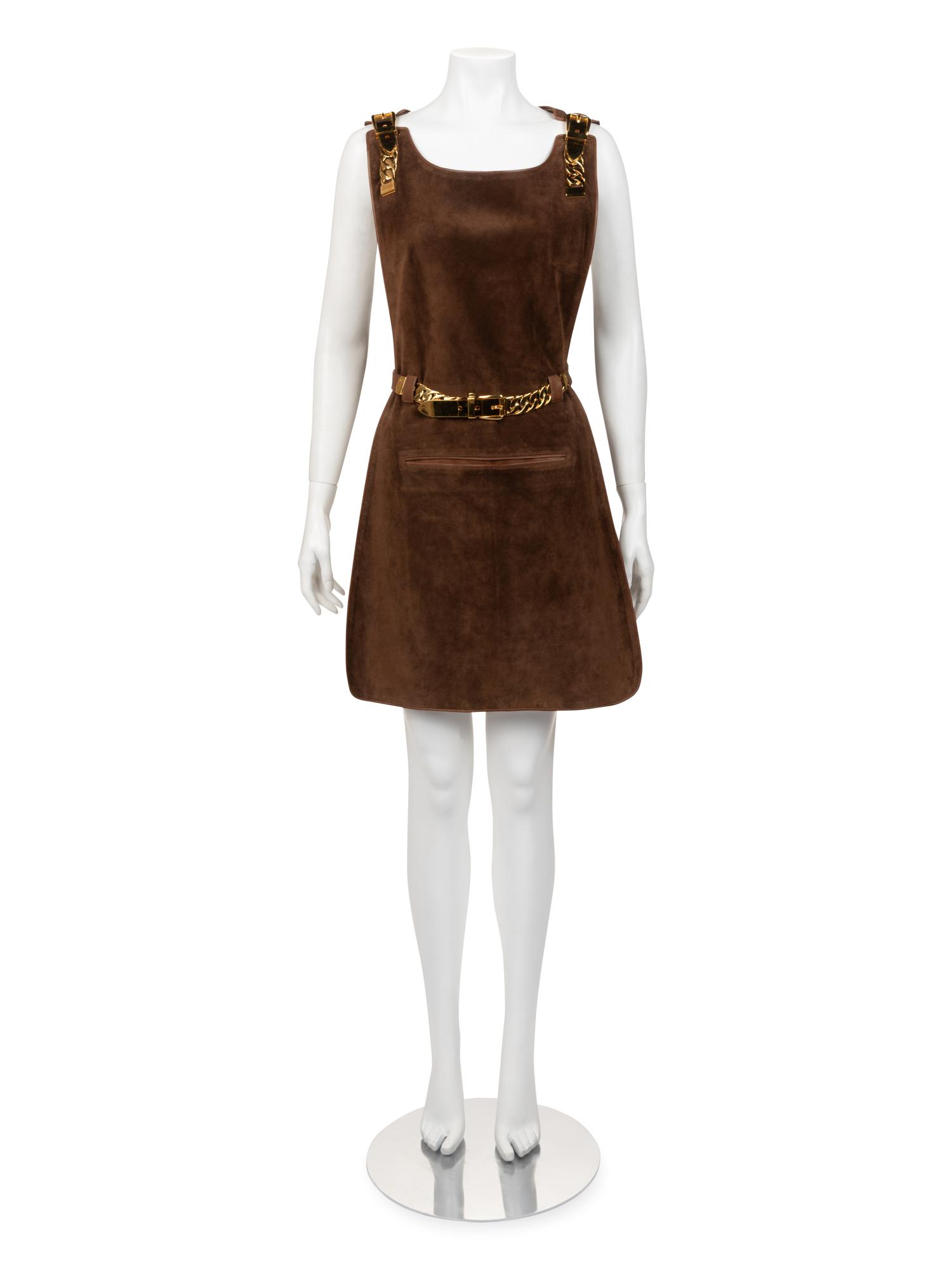 Gucci Brown Suede Belted Tunic with Chain Hardware, 1970s