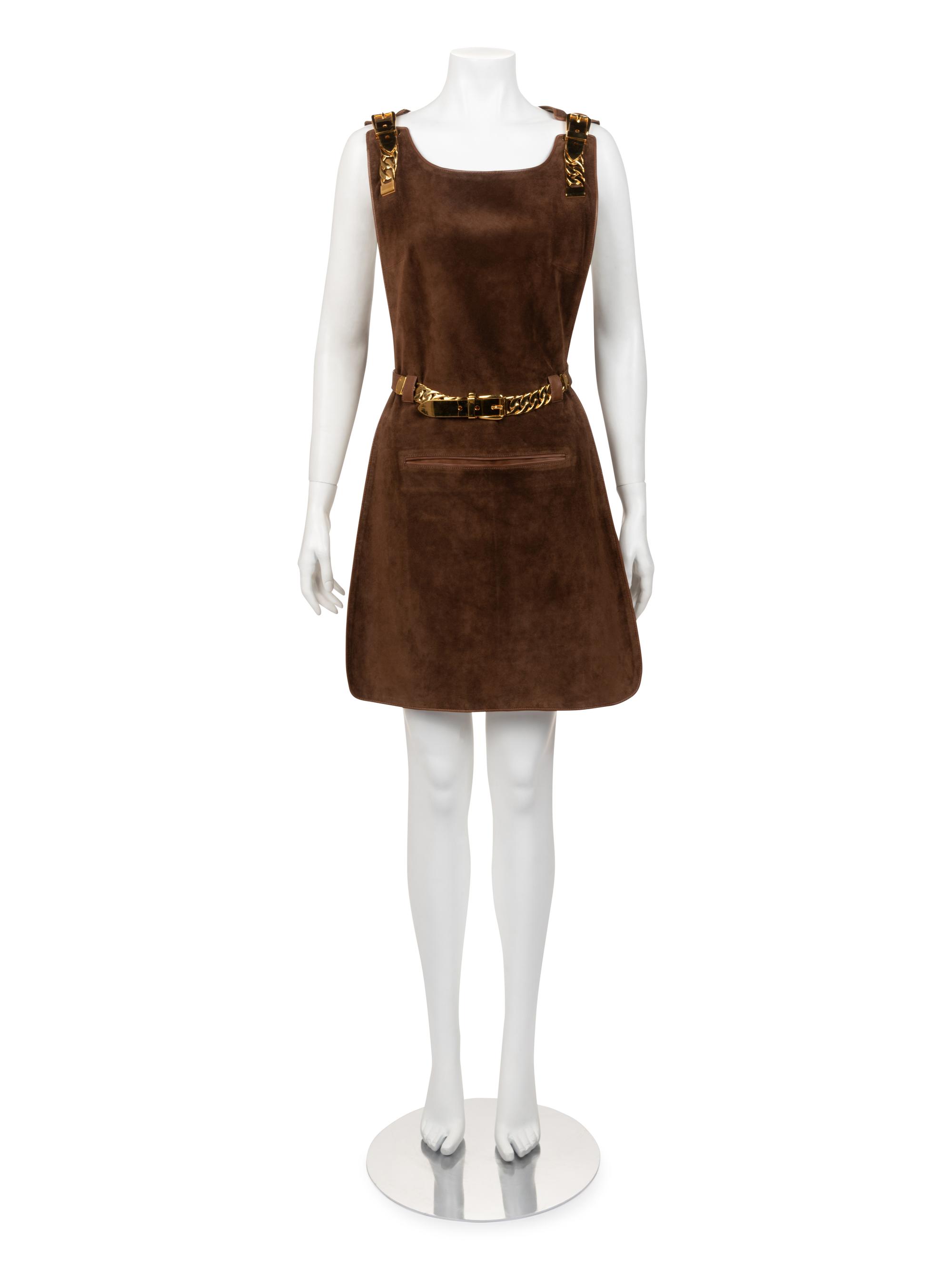 Gucci Brown Suede Belted Tunic with Chain Hardware, 1970s
