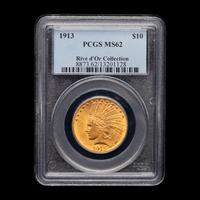A 1913 Indian Head $10 Gold Coin (PCGS MS62- Rive d'Or Collection )