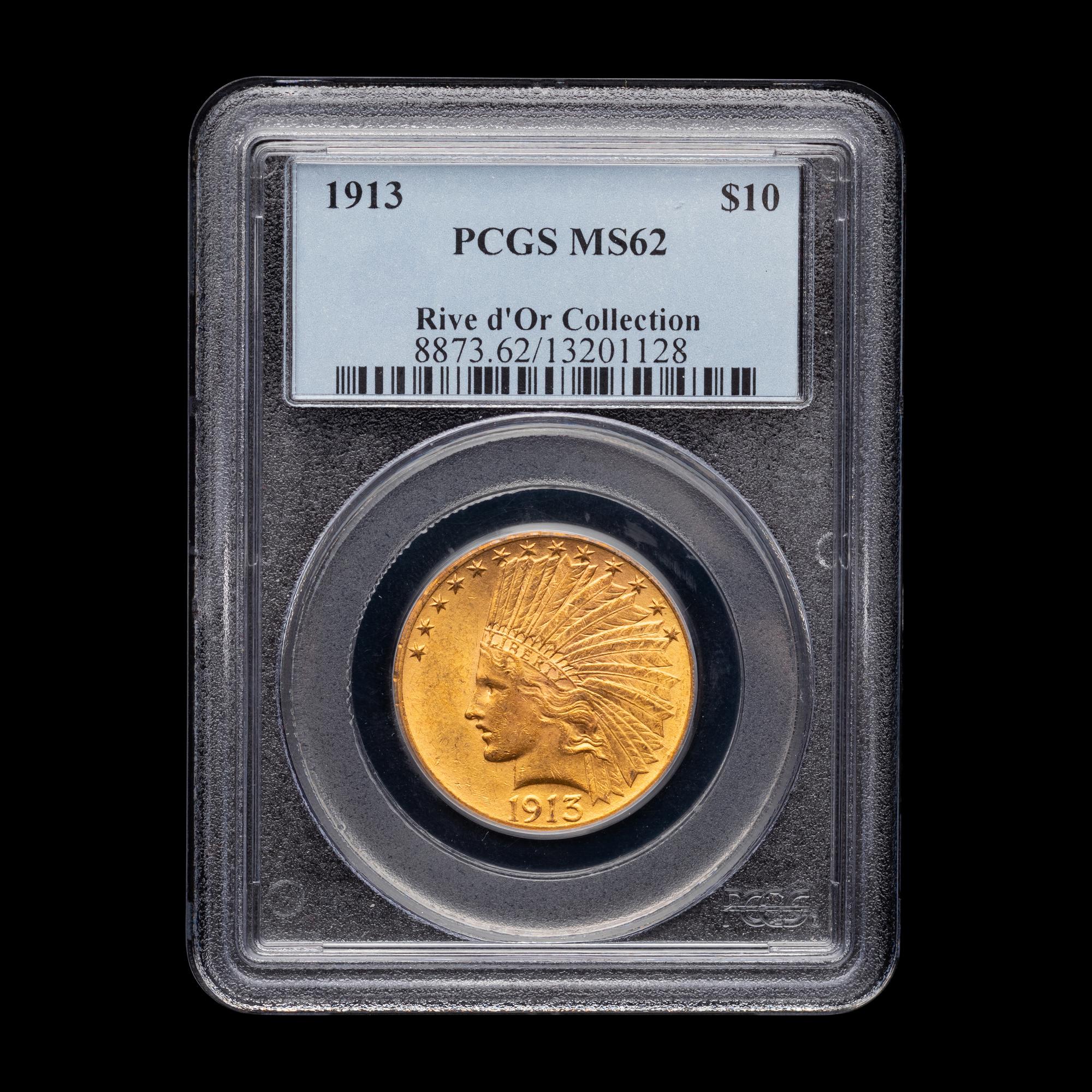 A 1913 Indian Head $10 Gold Coin (PCGS MS62- Rive d'Or Collection )