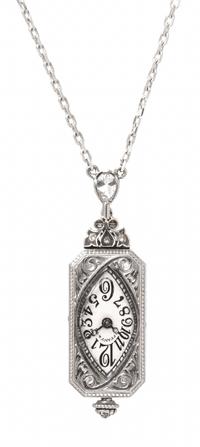 An Art Deco Platinum, Diamond and Onyx Pendant Watch Necklace, Whiteside & Blank and C.H. Meylan for Tiffany & Co., 13.50 dwts.