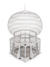 A Continental Painted Wood and Metal Birdcage