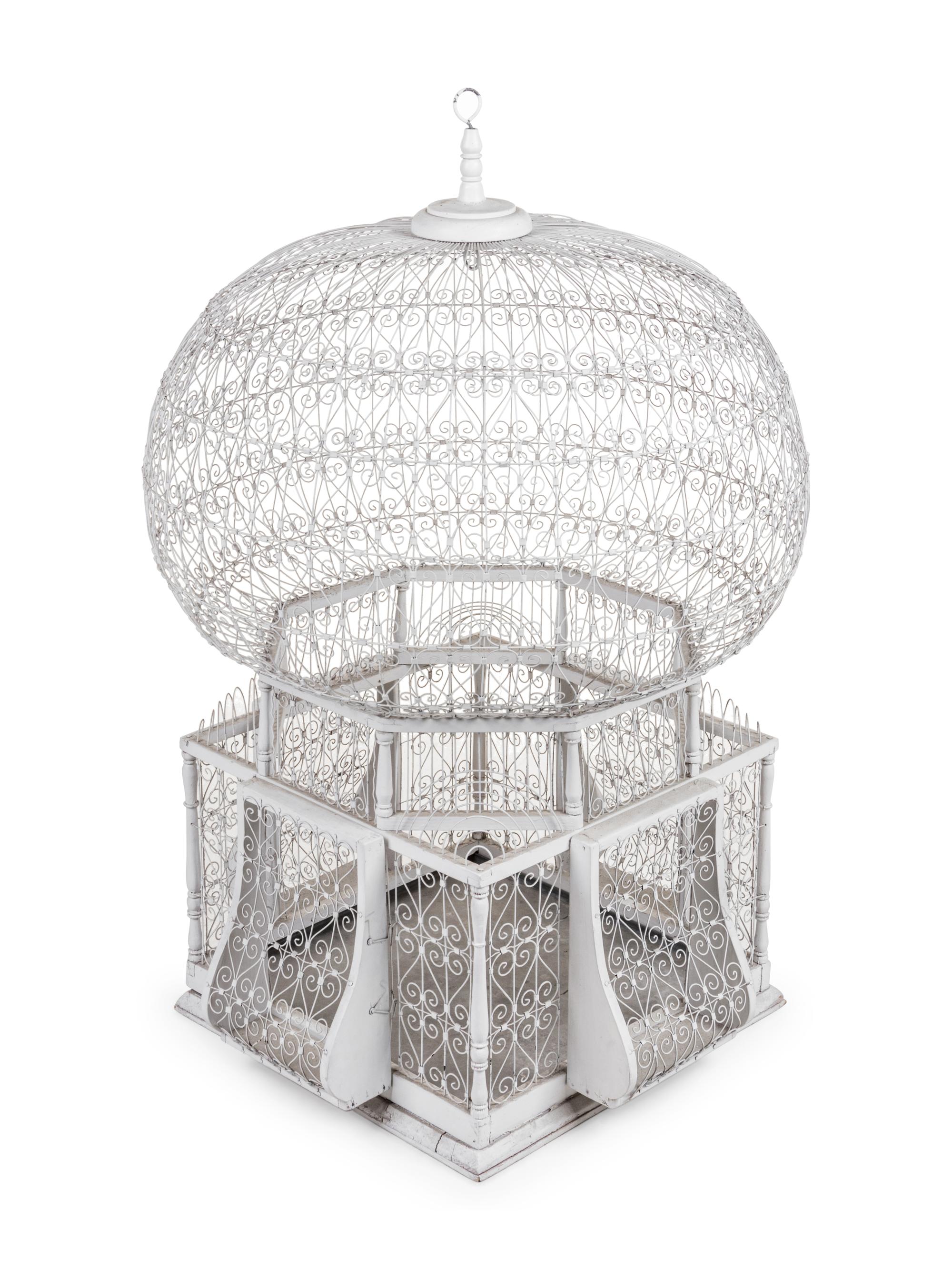 A Continental Painted Wood and Metal Birdcage