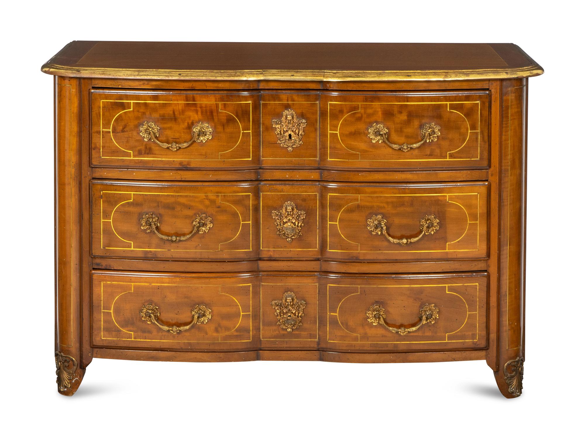 A Louis XIV Style Brass Inlaid Walnut and Gilt Bronze Mounted Commode