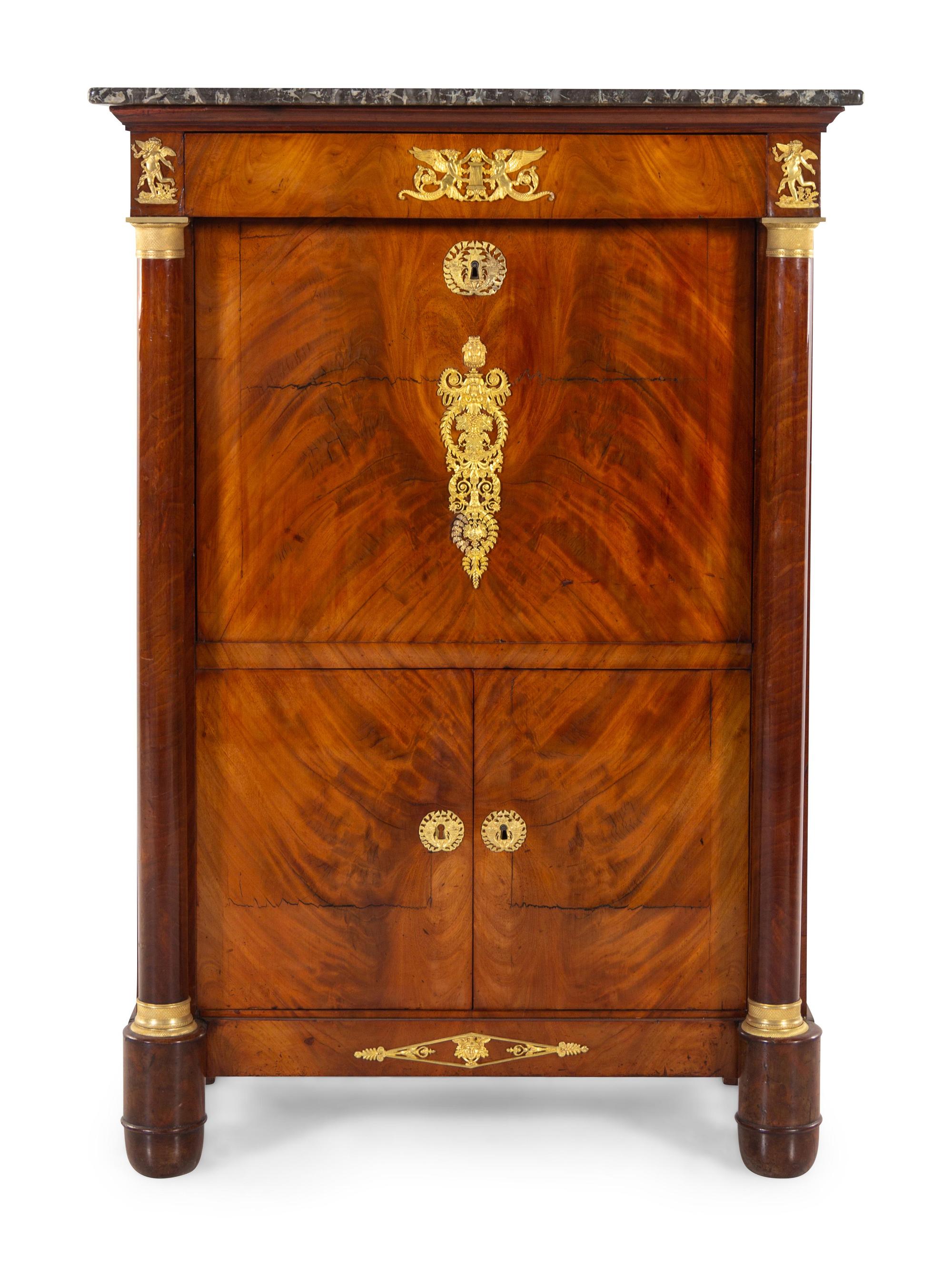 An Empire Gilt Bronze Mounted Mahogany and Marble-Top Secrétaire à Abattant