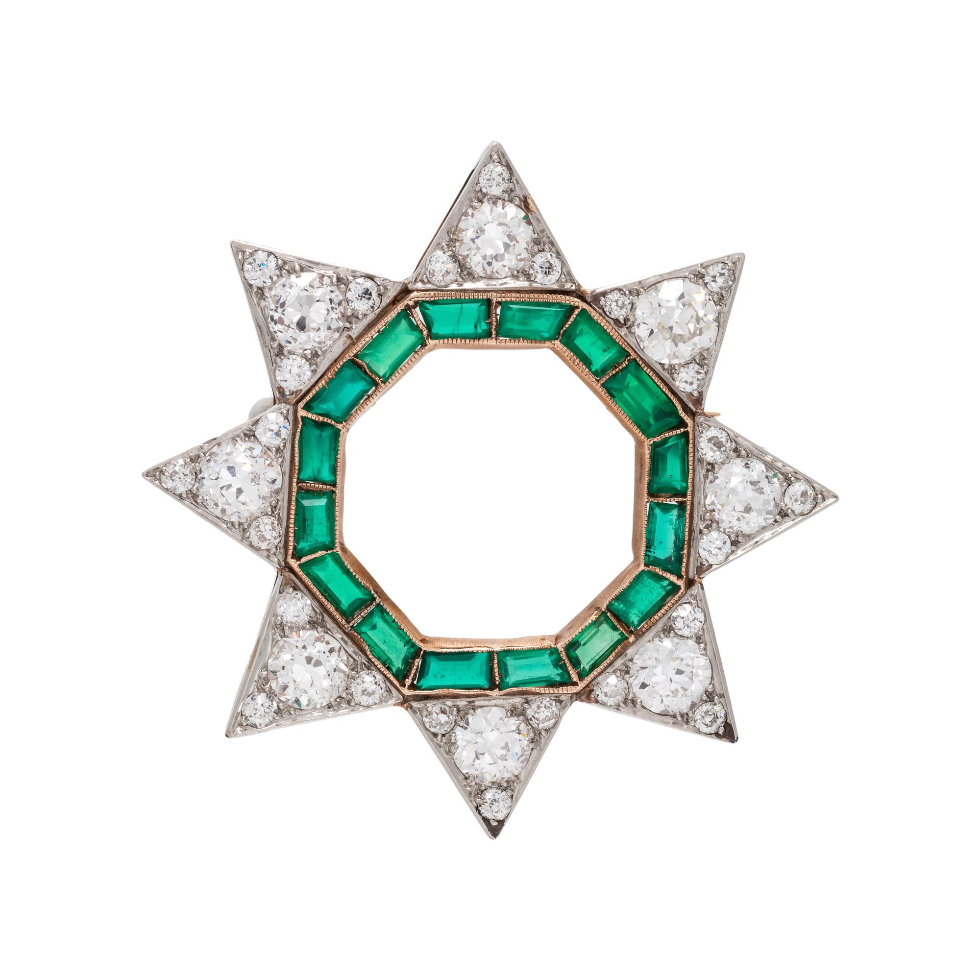 ANTIQUE, DIAMOND AND EMERALD STAR BROOCH