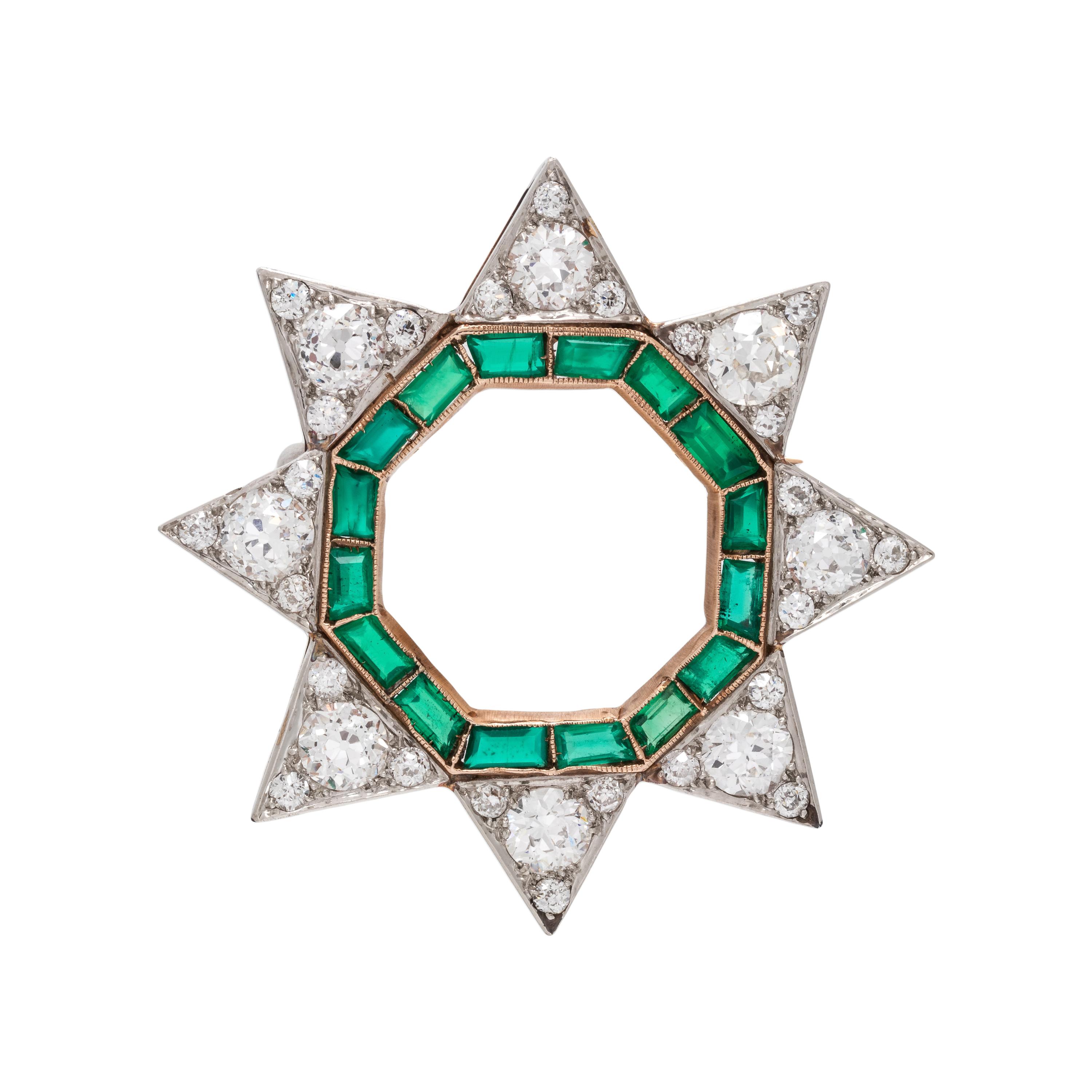 ANTIQUE, DIAMOND AND EMERALD STAR BROOCH