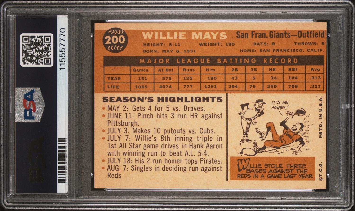 A 1960 Topps Willie Mays Baseball Card No. 200 (PSA 6 EX-MT) from The Collection of David Eisenhower
