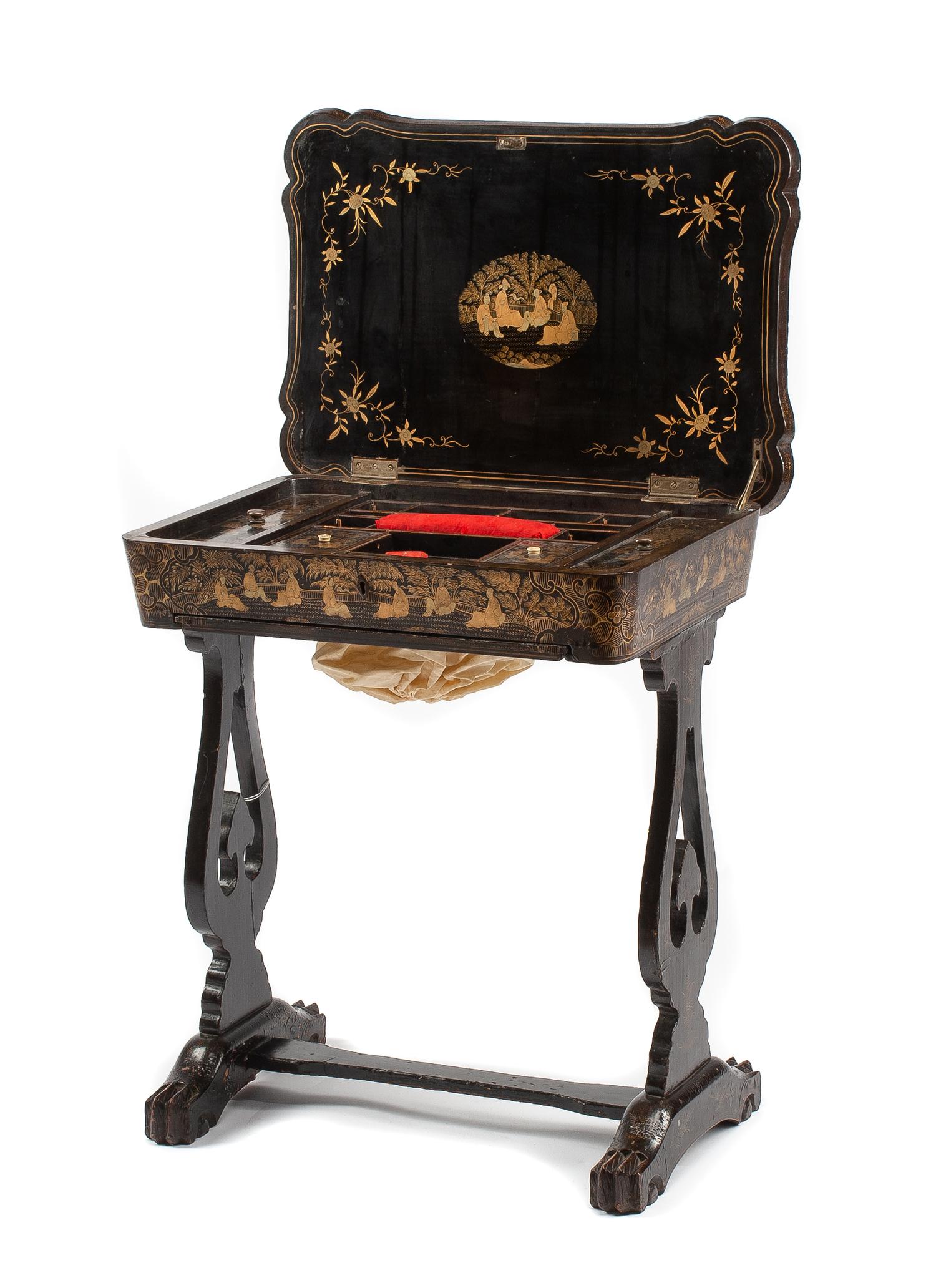 A Regency Chinoiserie Lacquered Sewing Table Height 26 x width 23 x depth 16 inches. — 19TH CENTURY