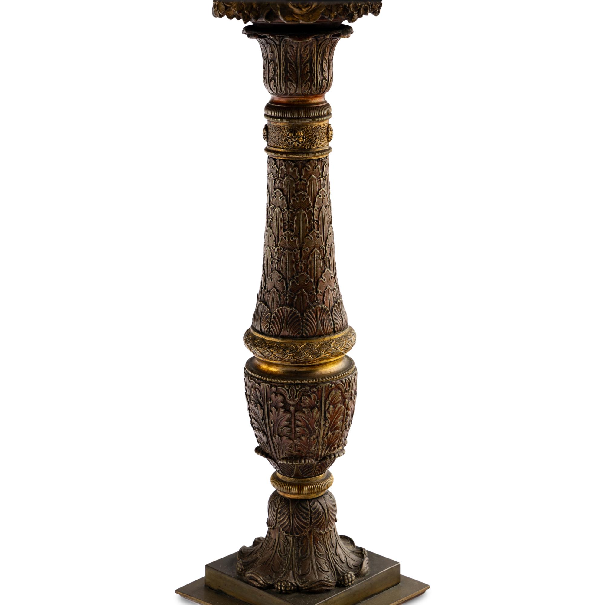 A Pair of French Parcel Gilt Bronze Columnar Lamps