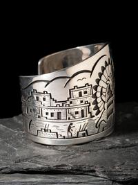 Silver Overlay Katsina and Pueblo Cuff Bracelet