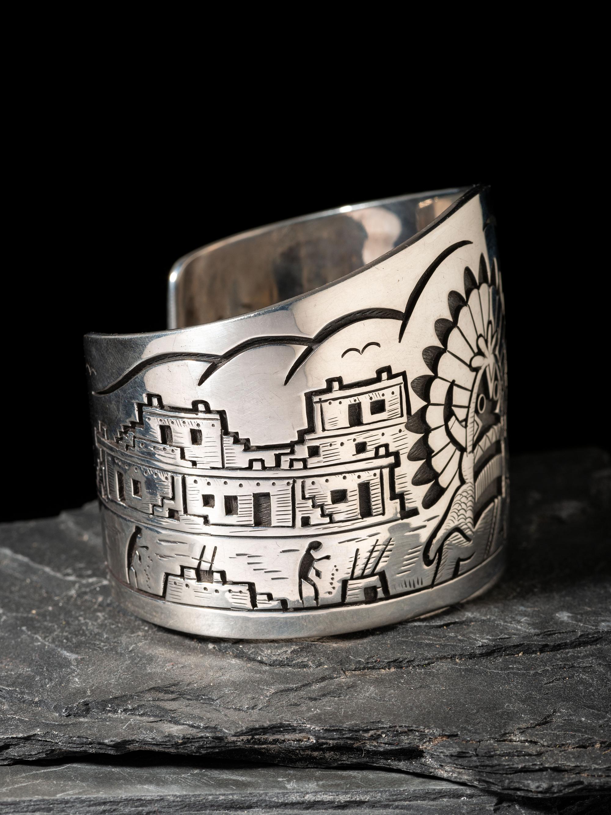 Silver Overlay Katsina and Pueblo Cuff Bracelet