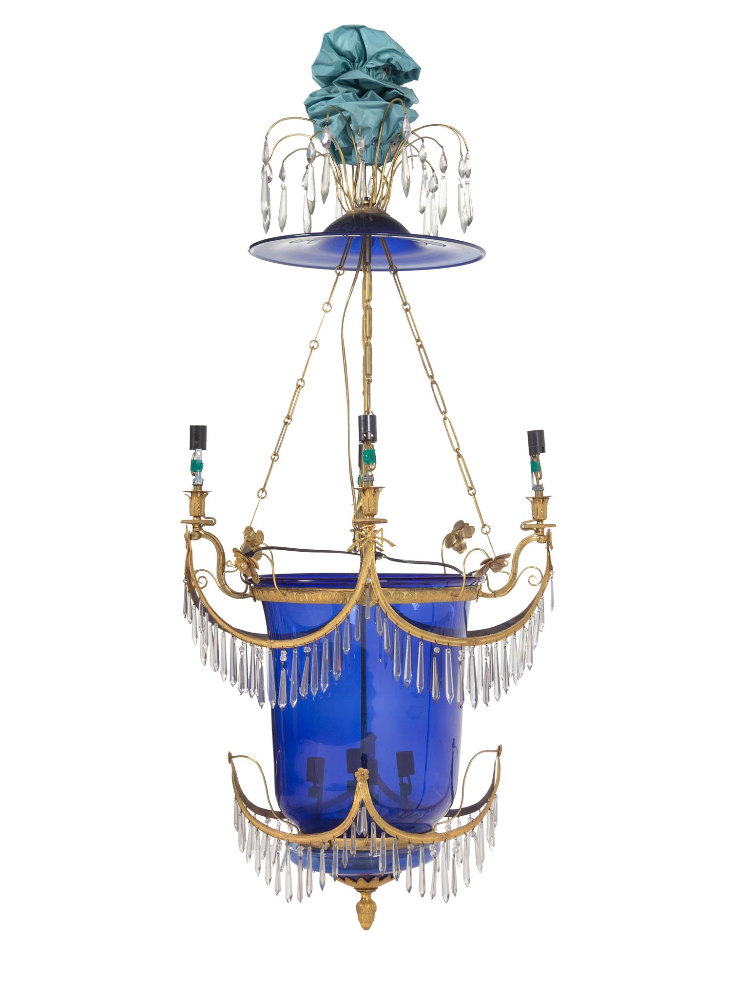 A Russian Gilt Metal, Cobalt and Colorless Glass Four-Light Hall Lantern