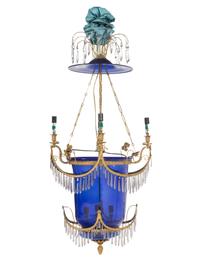 A Russian Gilt Metal, Cobalt and Colorless Glass Four-Light Hall Lantern