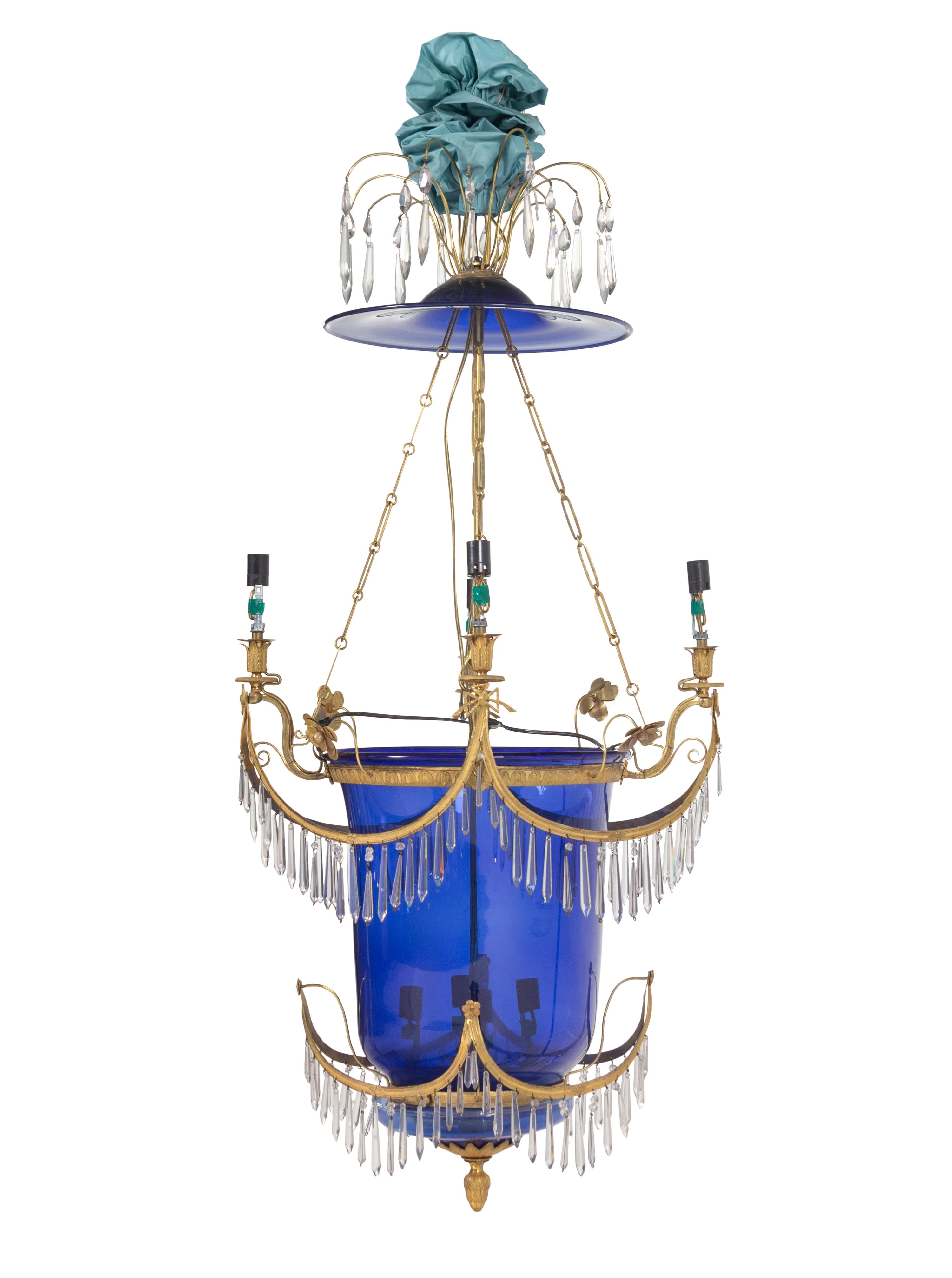 A Russian Gilt Metal, Cobalt and Colorless Glass Four-Light Hall Lantern
