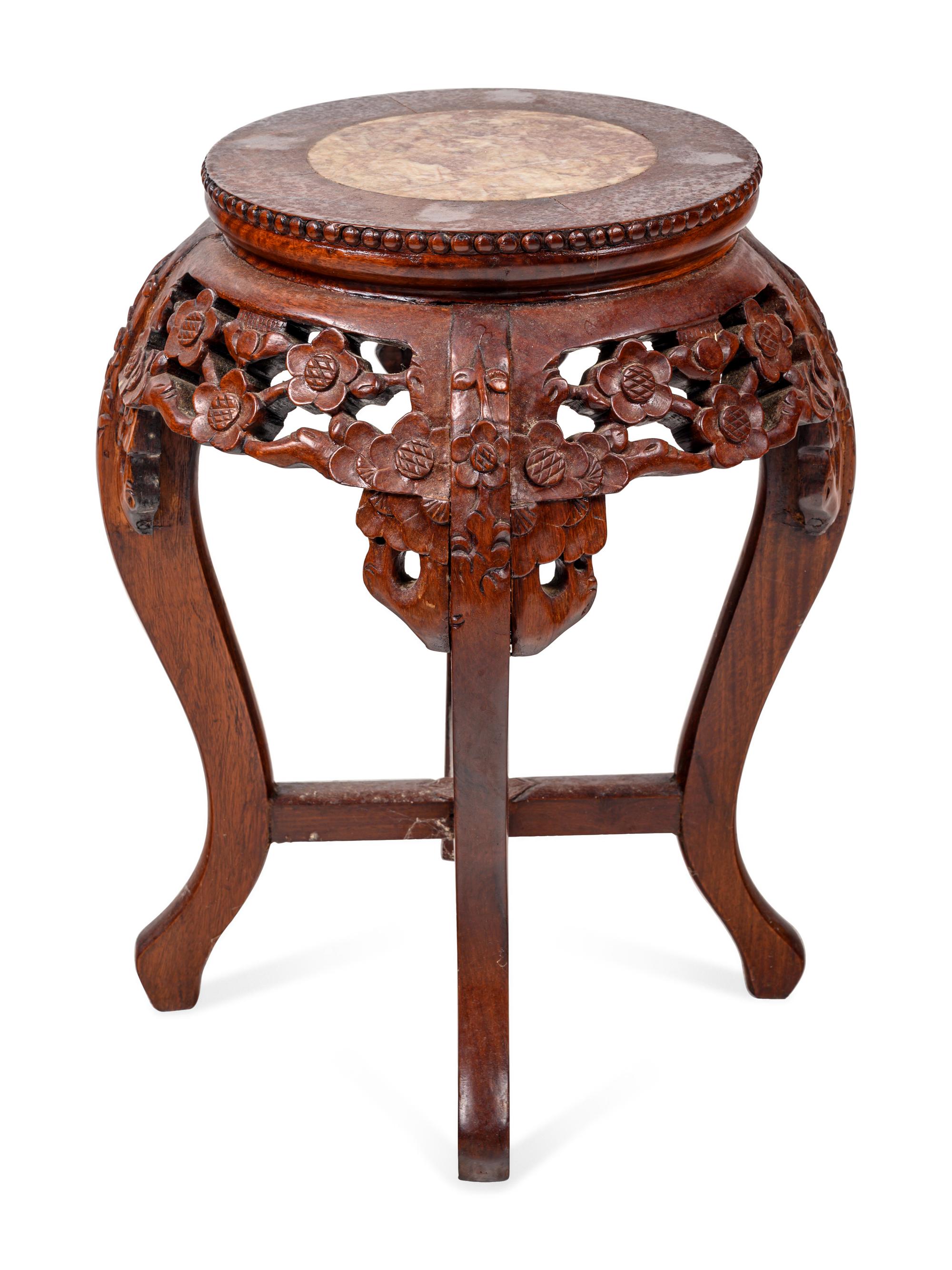 A Chinese Export Carved Wood and Marble-Top Jardinière Stand