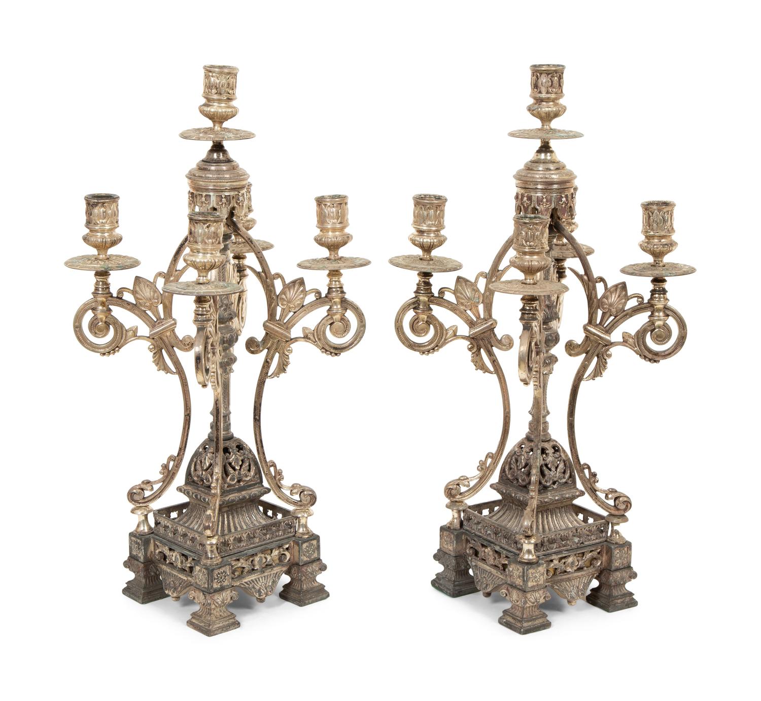 A Pair of English Silver-Plate Five-Light Candelabra