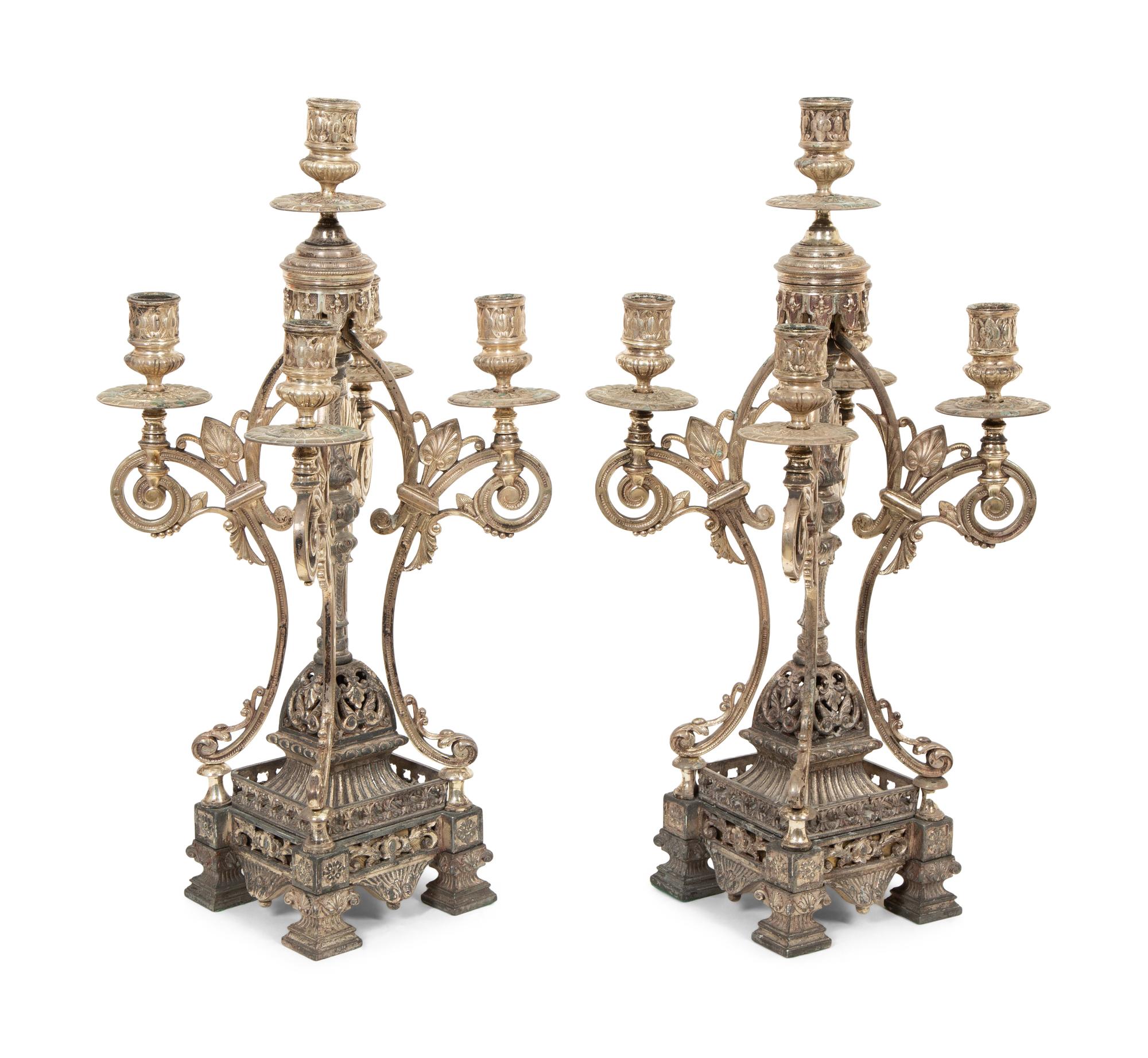 A Pair of English Silver-Plate Five-Light Candelabra