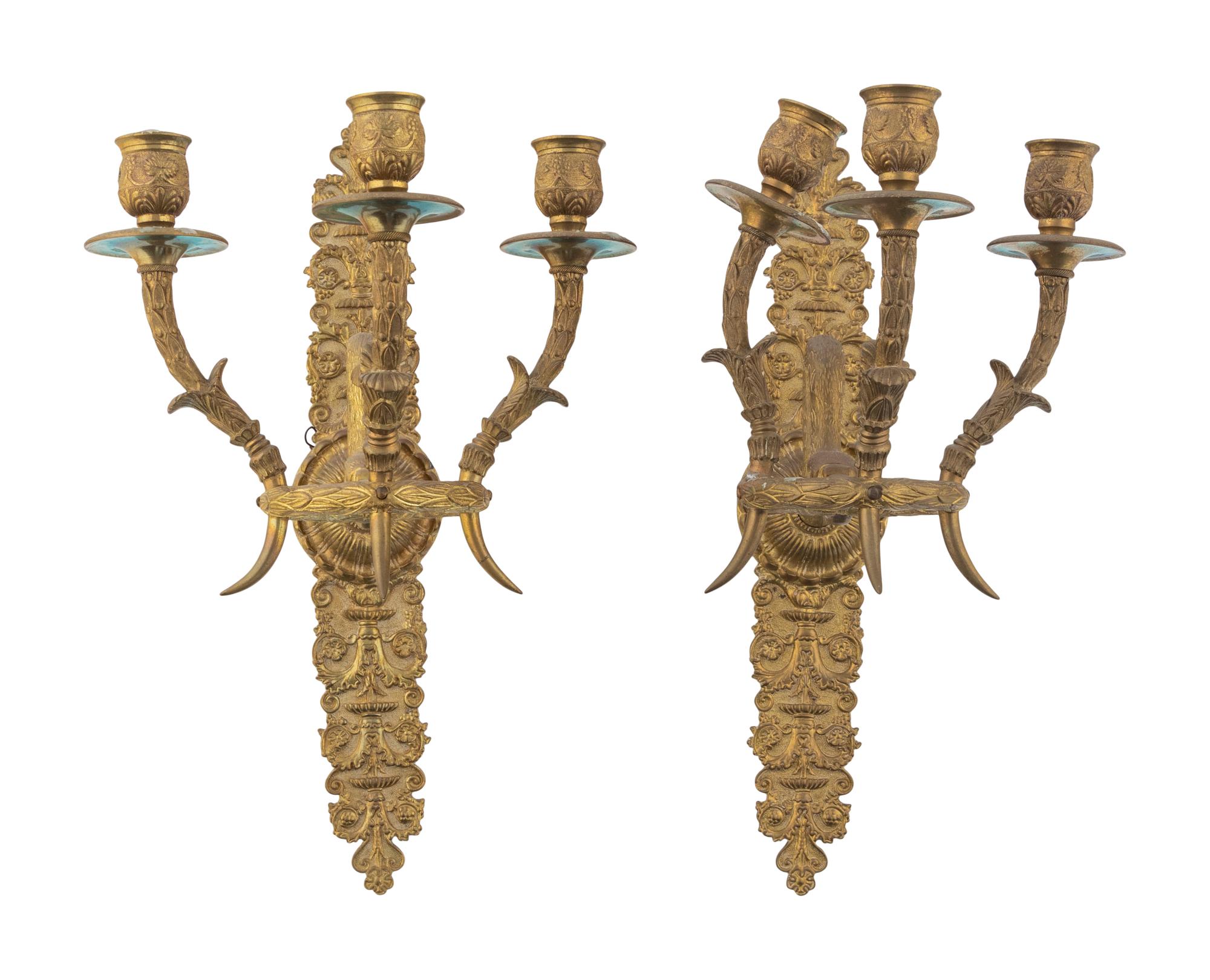 A Pair of Empire Style Gilt Bronze Three-Light Sconces
