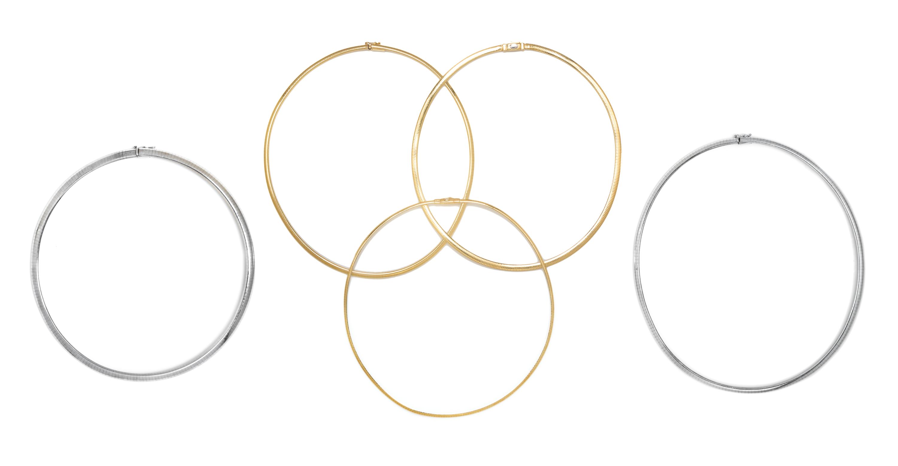 A Collection of Yellow and White Gold Omega Chain Necklaces, 49.90 dwts.