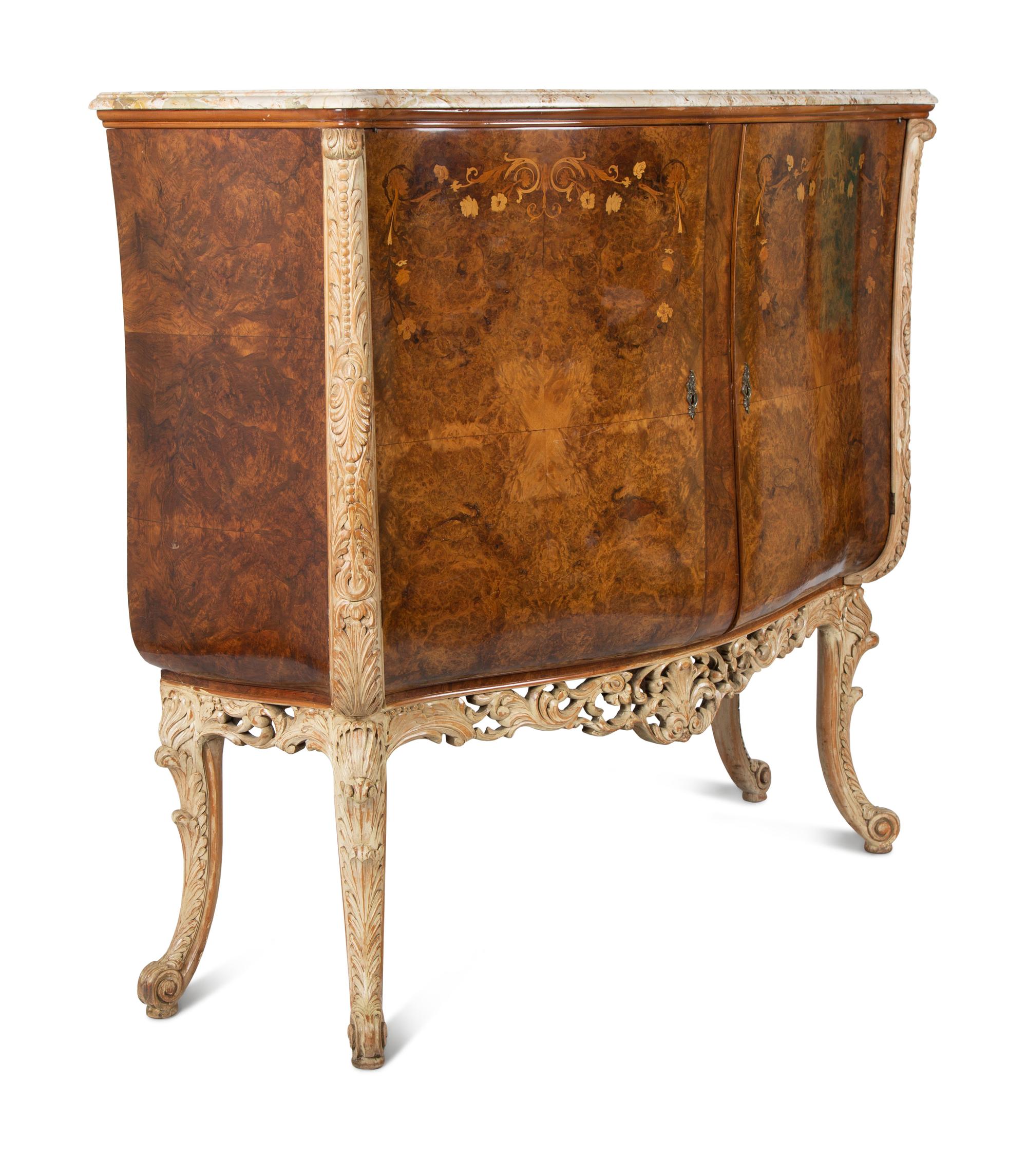 An Italian Burl Walnut and Marquetry Marble-Top Cabinet — CIRCA 1920