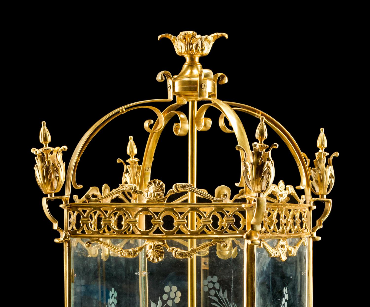 A Pair of English Gilt-Bronze and Etched Glass Lanterns