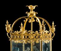 A Pair of English Gilt-Bronze and Etched Glass Lanterns