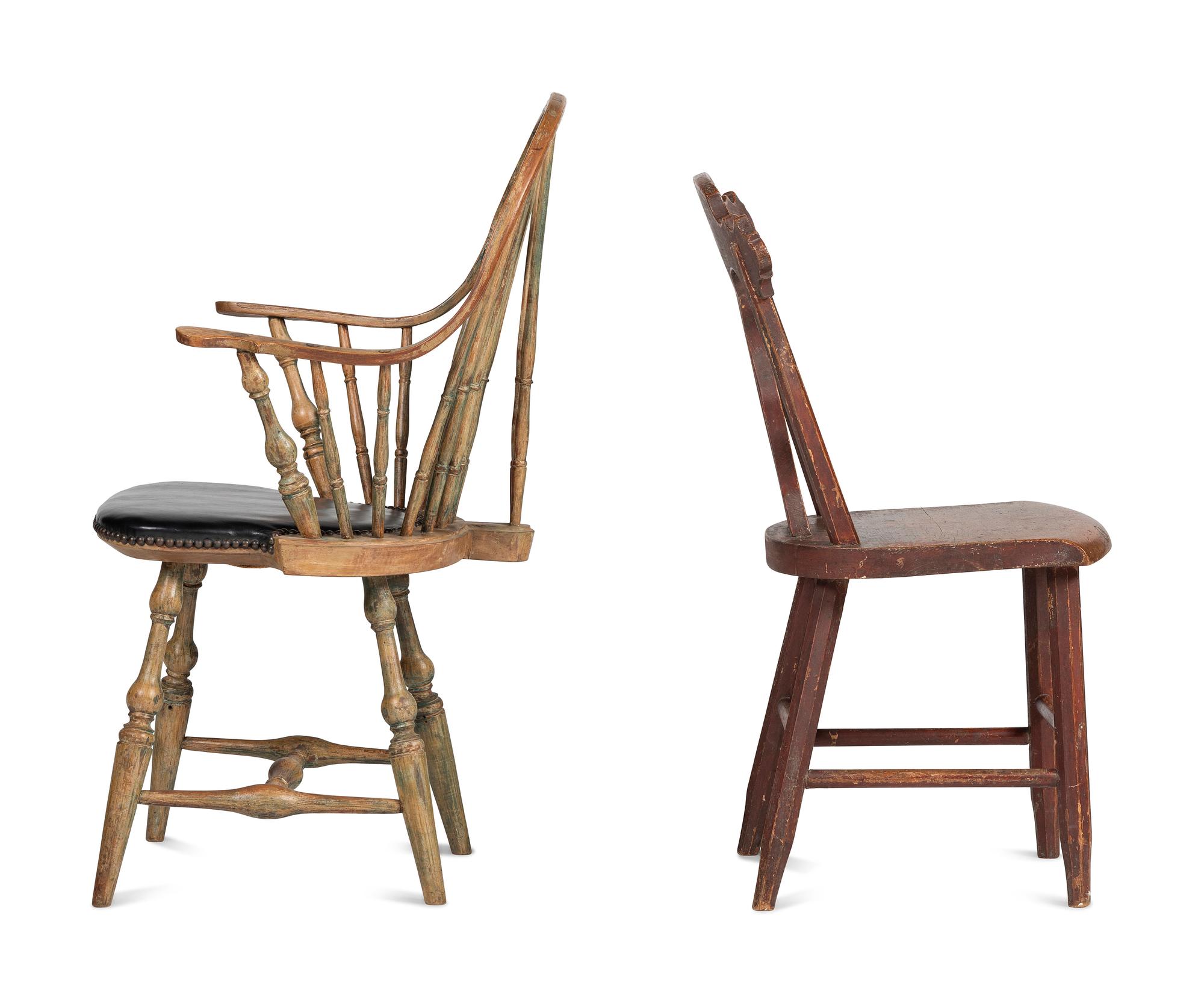 A Carved and Yellow-Painted Wood Leather Upholstered Brace Back Continuous Windsor Armchair