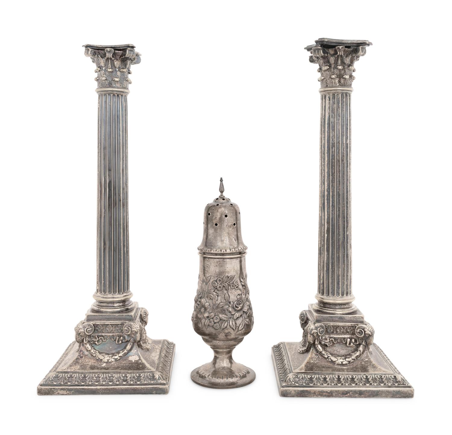 A Pair of English Silver-Plate Candlesticks and an American Silver Muffineer