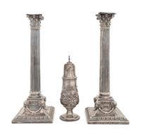 A Pair of English Silver-Plate Candlesticks and an American Silver Muffineer