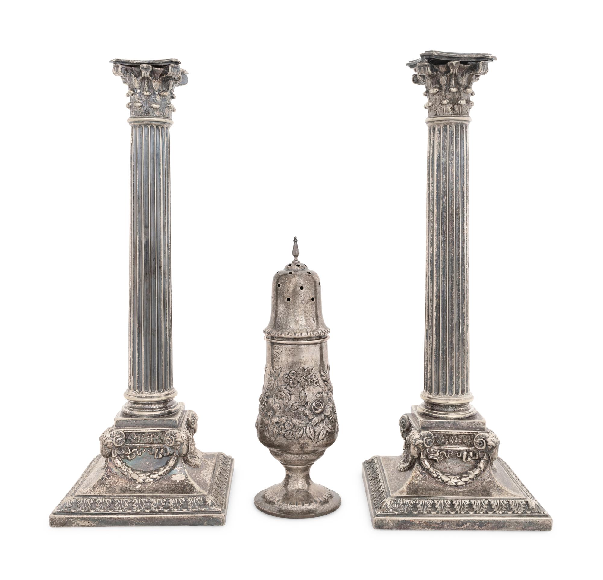 A Pair of English Silver-Plate Candlesticks and an American Silver Muffineer