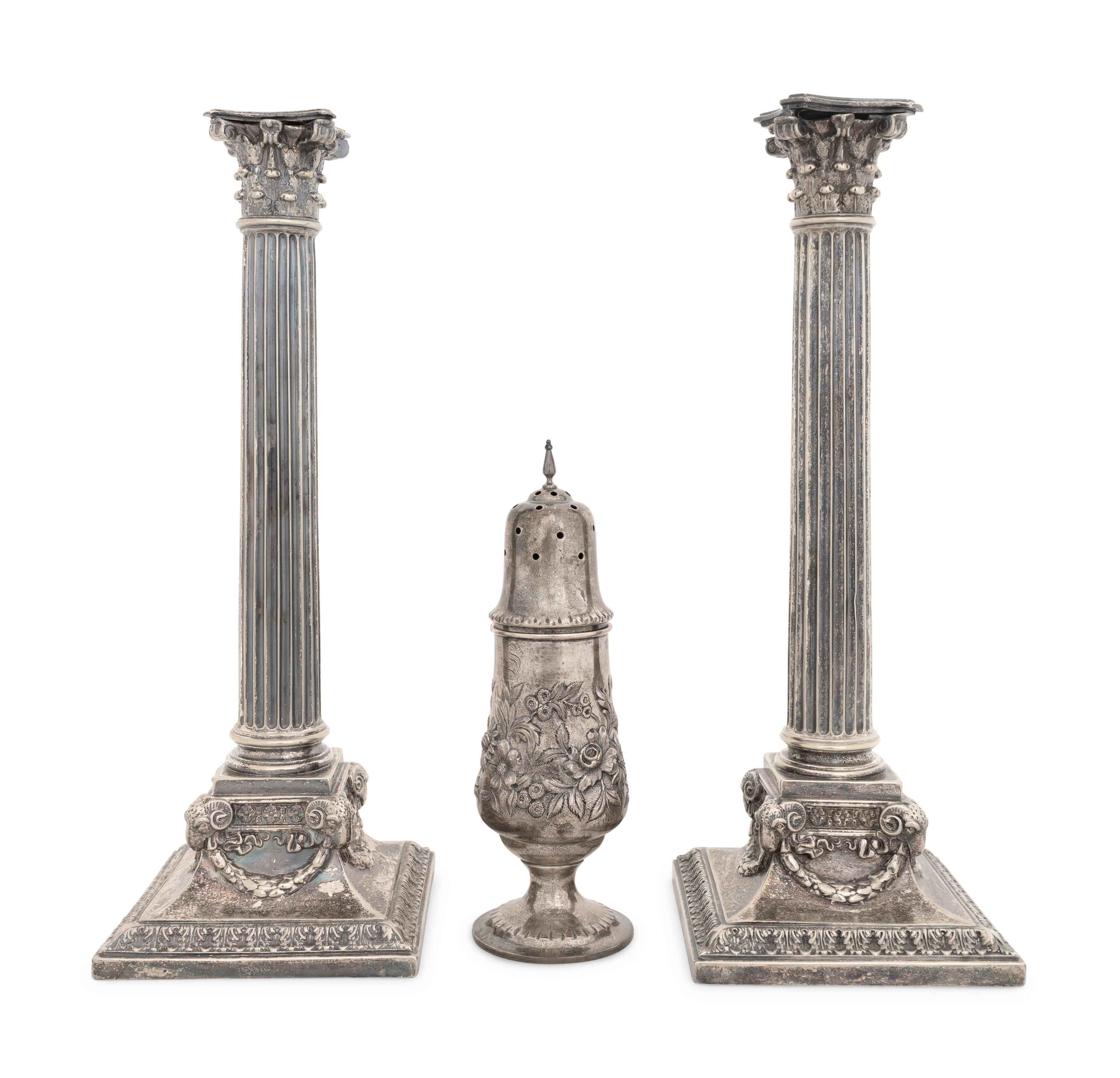 A Pair of English Silver-Plate Candlesticks and an American Silver Muffineer