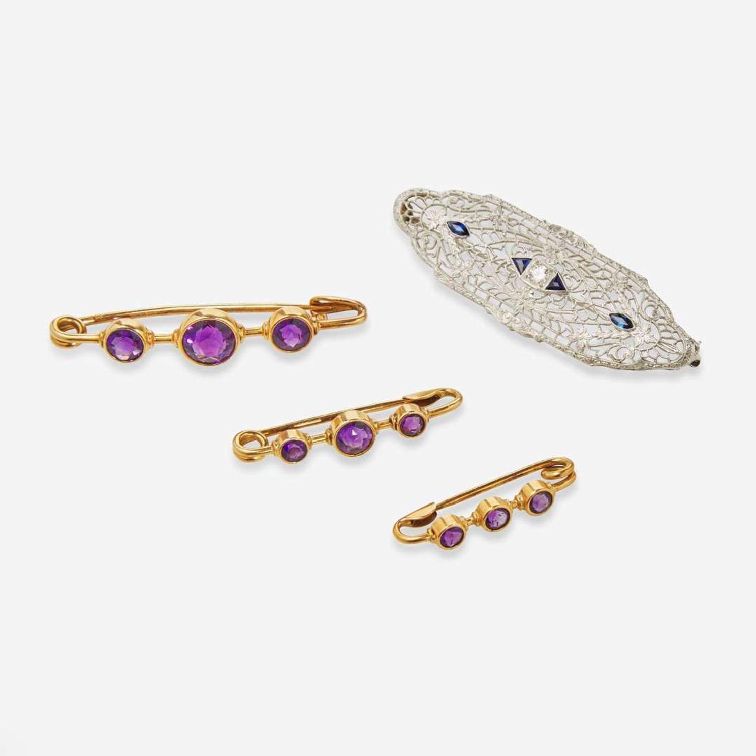A Collection of Gem-Set Pins and 18K Asprey Match Safe
