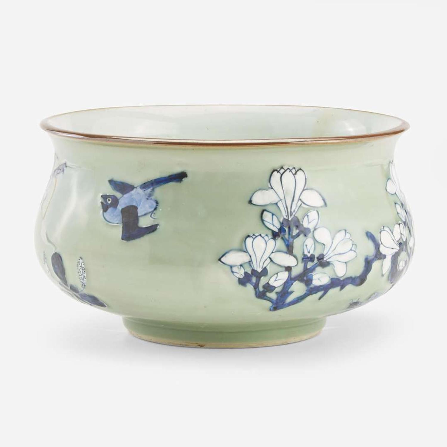 A Chinese blue and white-decorated celadon-ground porcelain ogee censer 青花瓷香炉 Qing dynasty ?