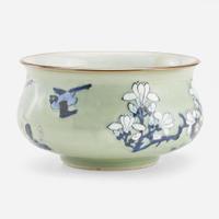 A Chinese blue and white-decorated celadon-ground porcelain ogee censer 青花瓷香炉 Qing dynasty ?