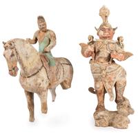 A Chinese Terracotta Equestrian Figure and a Standing Warrior with Lion