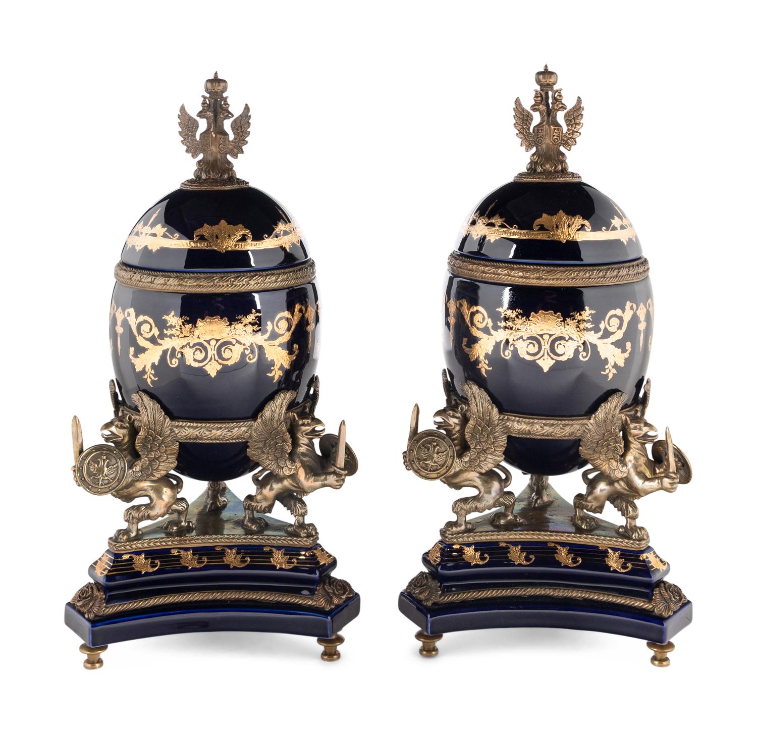 A Pair of Russian Empire Style Gilt Bronze Mounted Porcelain Ornaments
