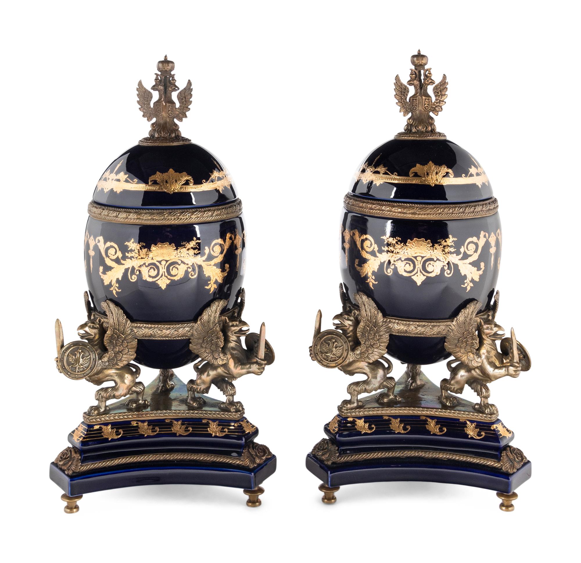 A Pair of Russian Empire Style Gilt Bronze Mounted Porcelain Ornaments