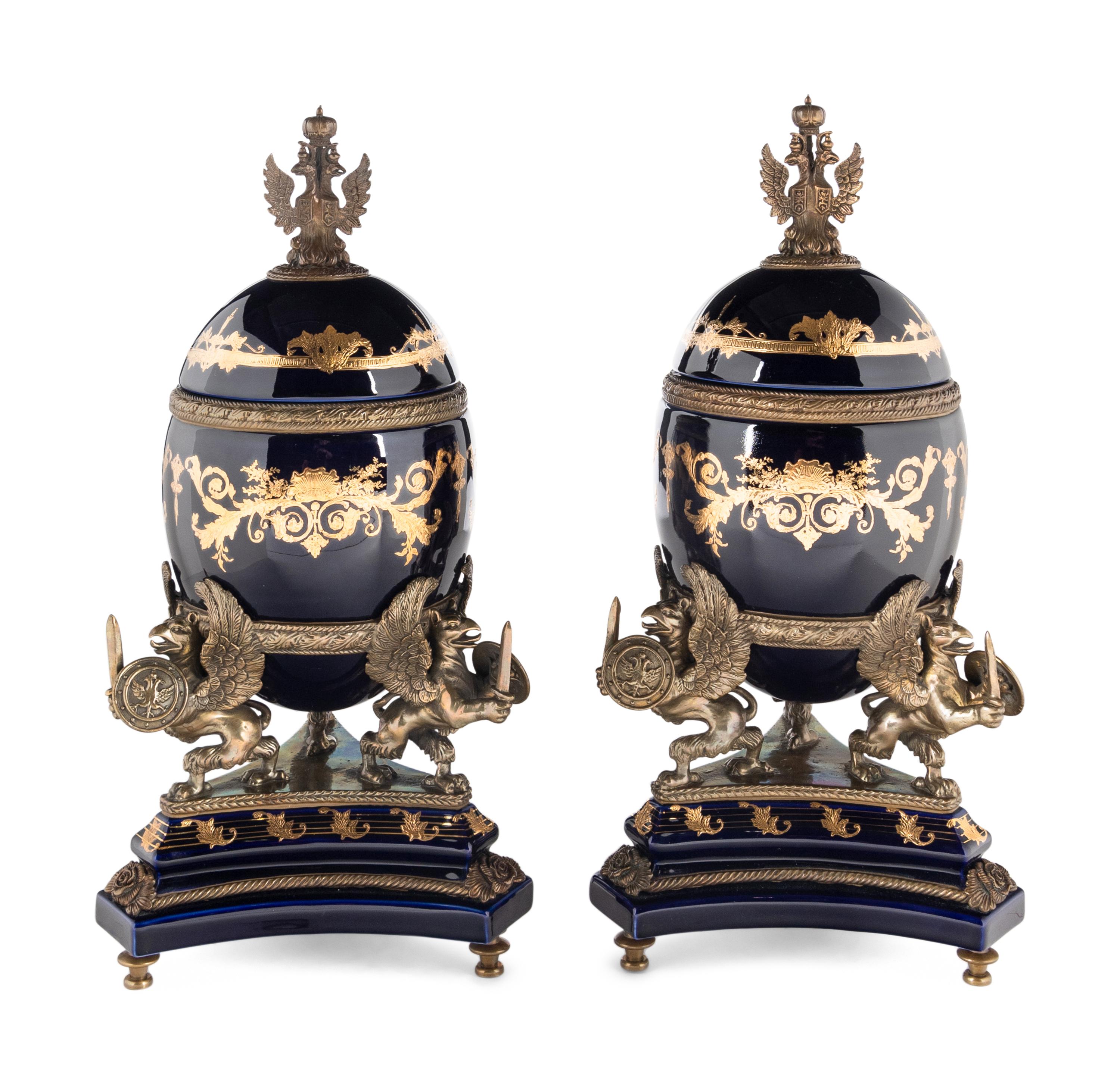 A Pair of Russian Empire Style Gilt Bronze Mounted Porcelain Ornaments