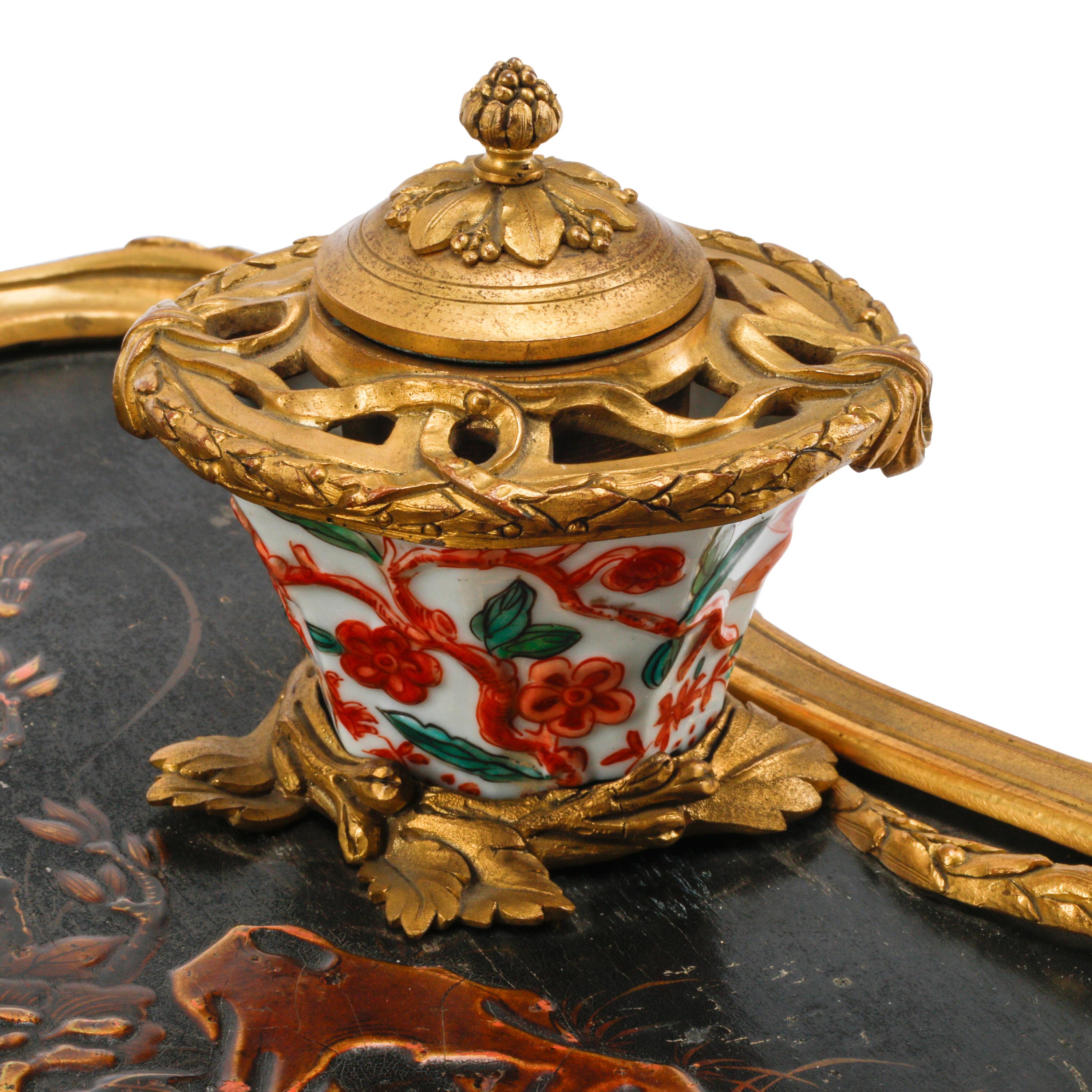 A French Gilt Bronze, Lacquer and Porcelain Standish