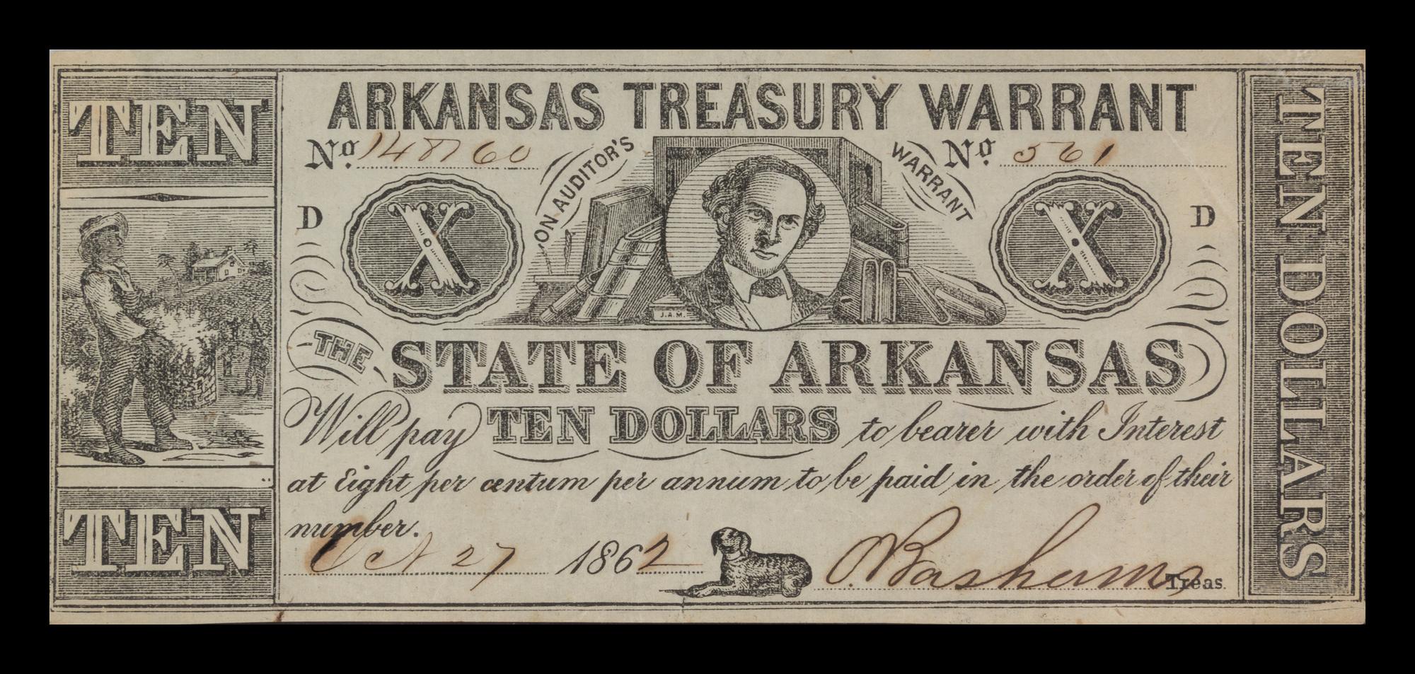 A State of Arkansas 1863 $10 Treasury Warrant