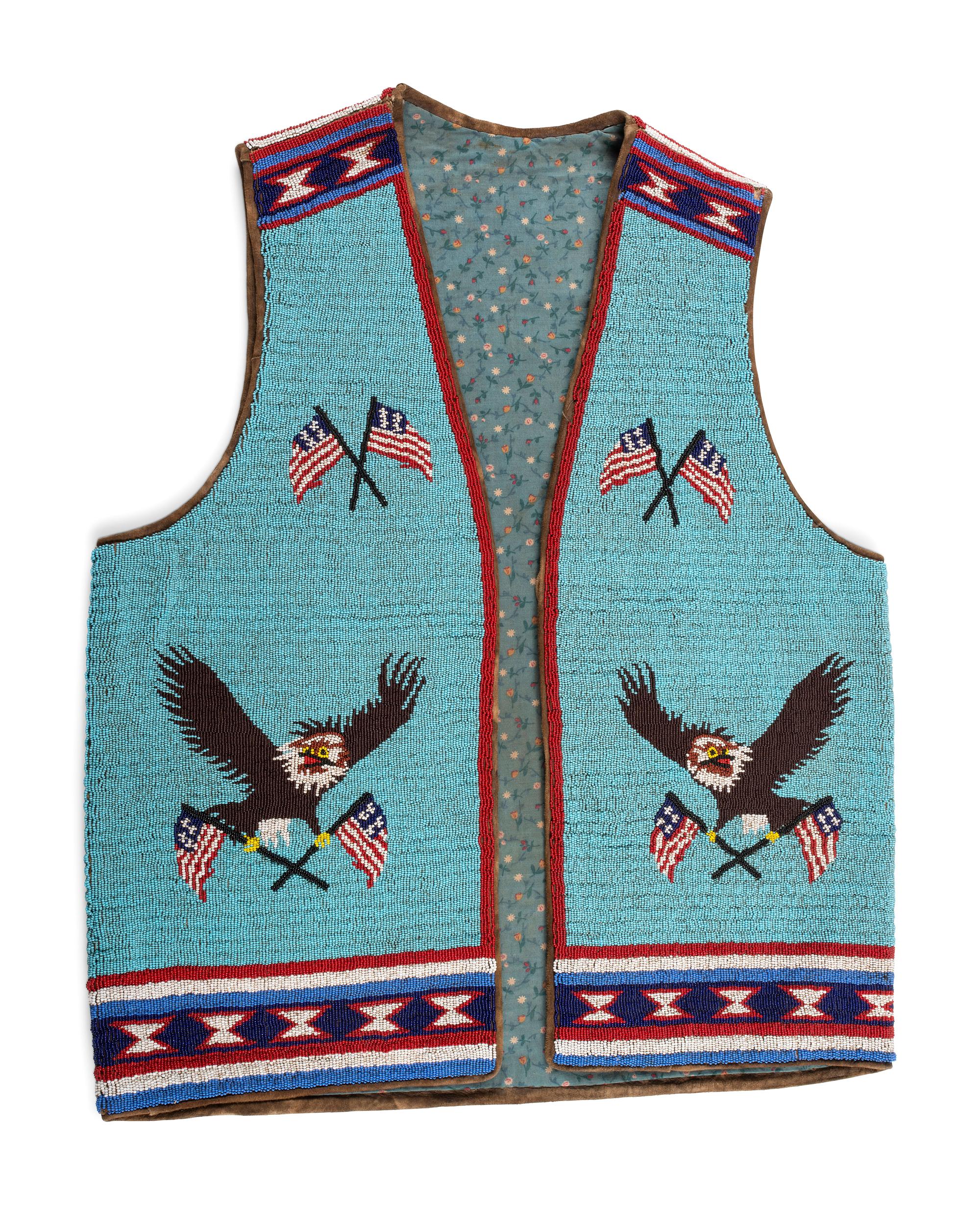 Plains Beaded Hide Vest, with American Flags and Eagle