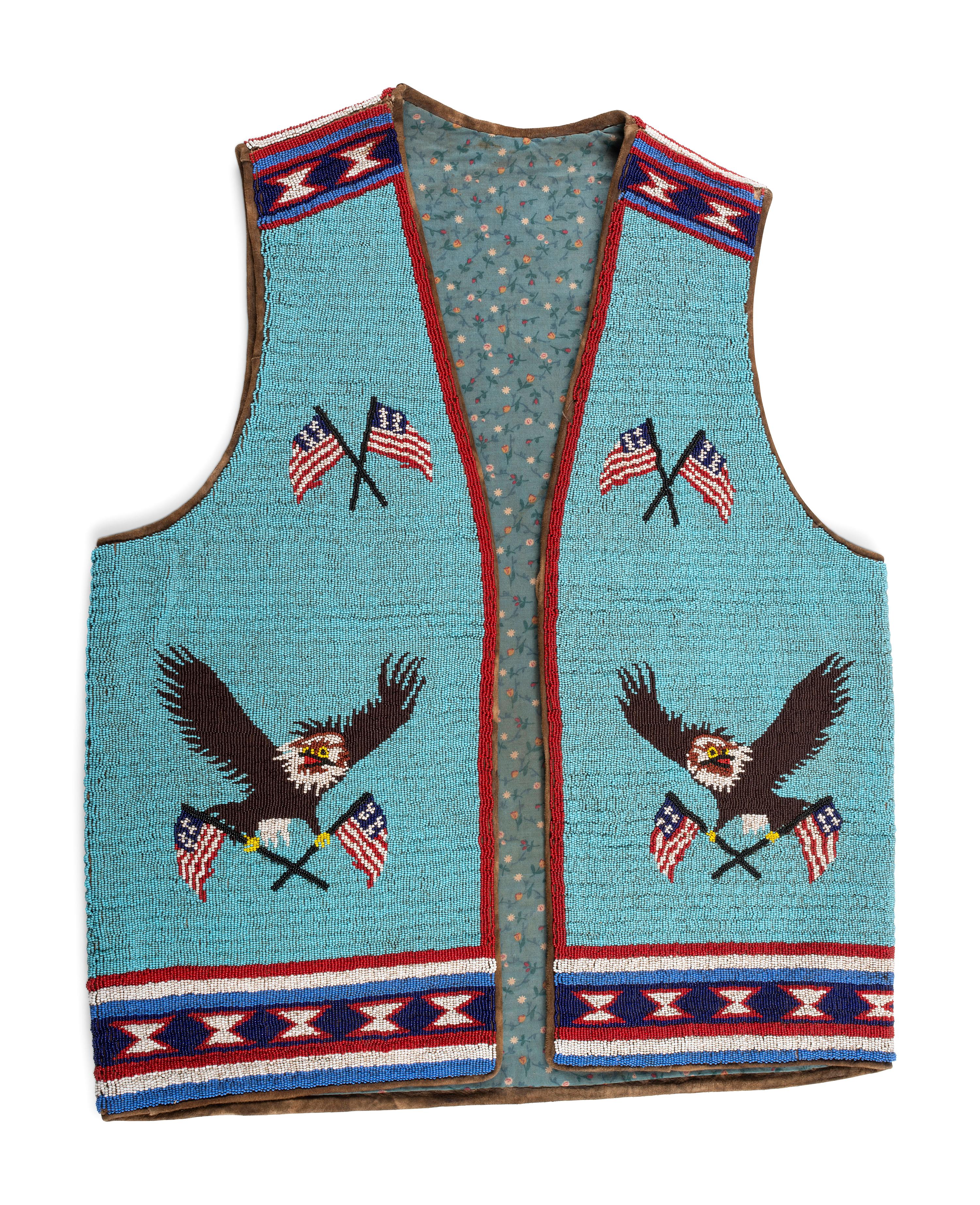 Plains Beaded Hide Vest, with American Flags and Eagle