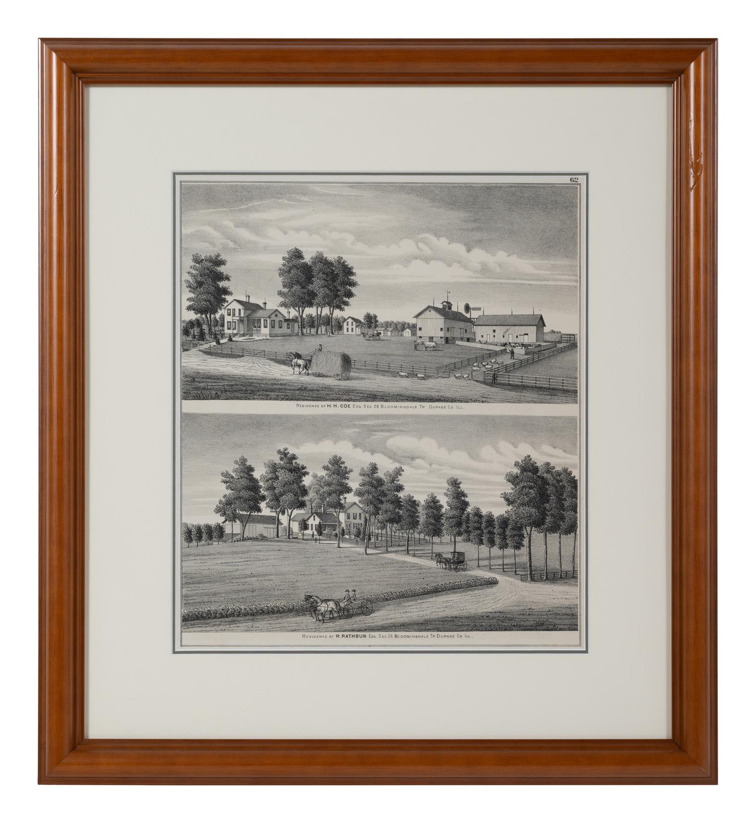 Printed City Views and Farm Scenes of Bloomingdale and Dupage County, Ill. N.p.: N.d. 23 x 21 In. Matted and framed.