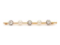 A Platinum Topped Yellow Gold, Diamond and Cultured Pearl Bar Brooch,