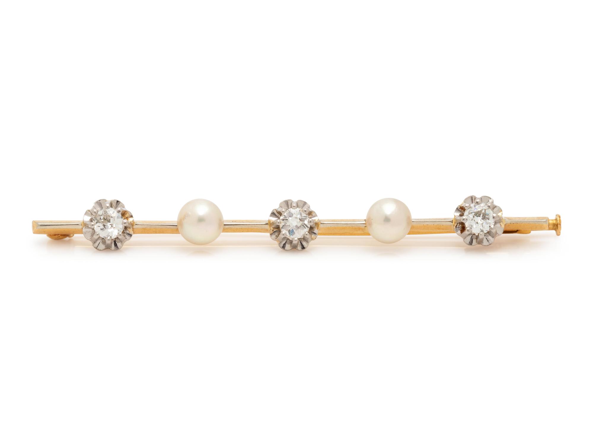 A Platinum Topped Yellow Gold, Diamond and Cultured Pearl Bar Brooch,